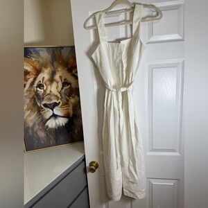 Mango Cream Square-Neck Midi Dress with Waist Tie